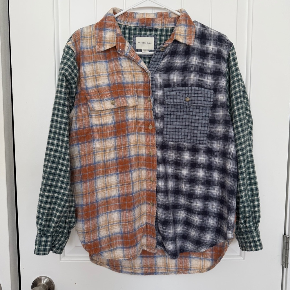 American Eagle Colorblock Plaid Flannel Patchwork Long Sleeve Shirt Women’s XS